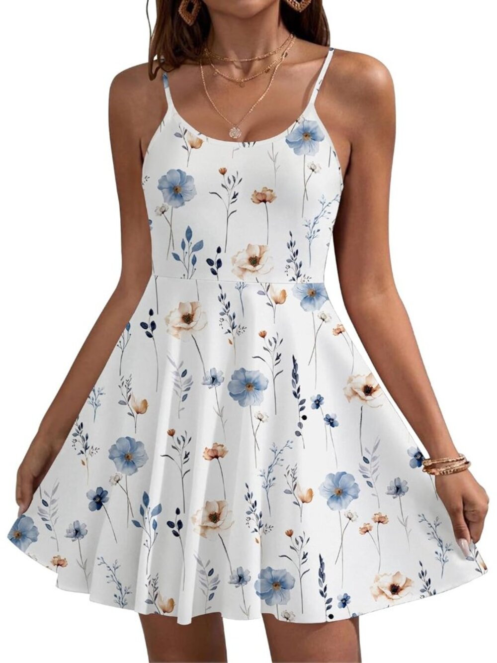 Women's Floral White Summer Dress Spaghetti Strap Floral Mini Casual Dress